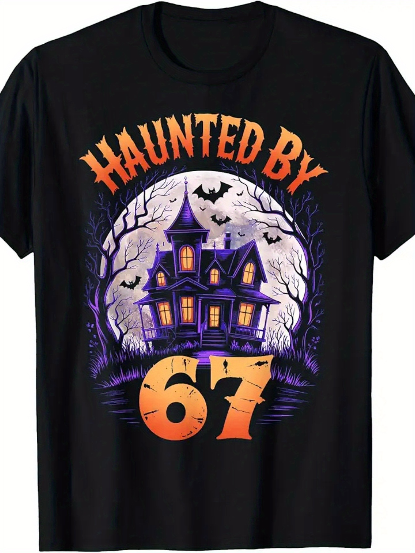 Men's Graphic T-Shirt Haunted By 67 Full Moon Night With Spooky Bats And Haunted House