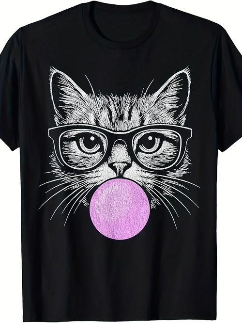 Men's Graphic T-Shirt Playful Hand Drawn Cat Wearing Glasses With Pink Bubblegum