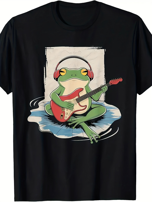 Men's Graphic T-Shirt Groovy Pond Reflections With Headphones And Electric Guitar Frog