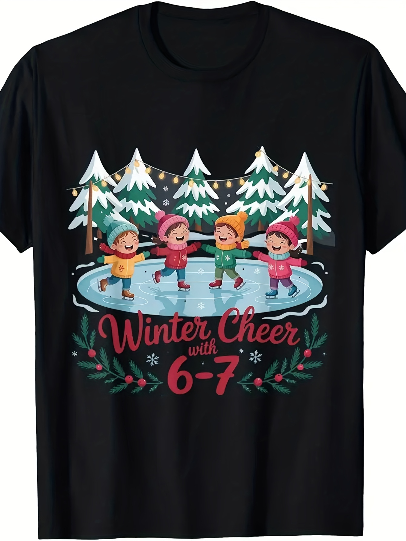 Men's Graphic T-Shirt Winter Cheer With Children Skating On Frozen Icy Pond Surrounded By Snowy Pines