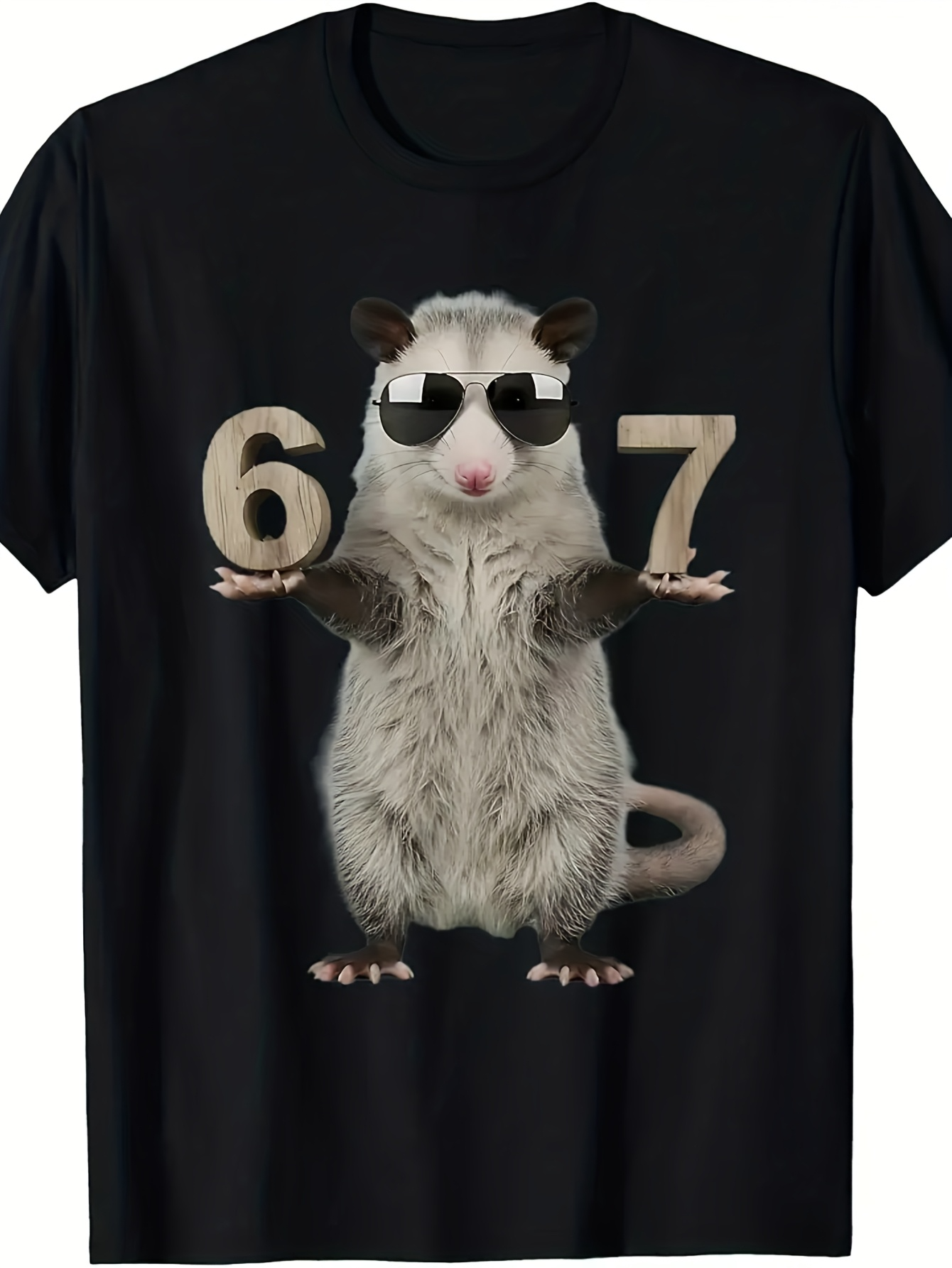 Men's Graphic T-Shirt Cool Sunglasses Wearing Opossum Holding Large Numbers With Black Shirt