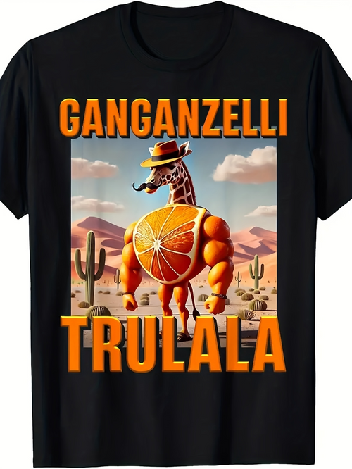 Men's Graphic T-Shirt GANGANZELLI TRULALA Quirky Desert With Sliced Orange Muscular Giraffe Wearing Hat