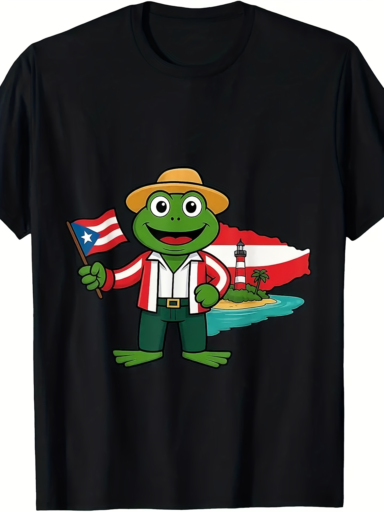 Men's Graphic T-Shirt Smiling Frog Holding Puerto Rican Flag On Island
