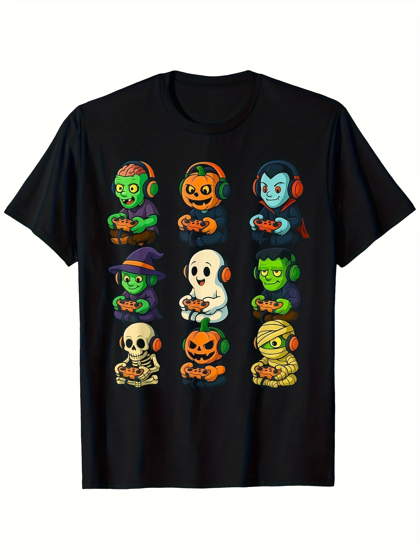Men's Graphic T-Shirt Cartoon Monsters With Colorful Headphones Playing Video Games