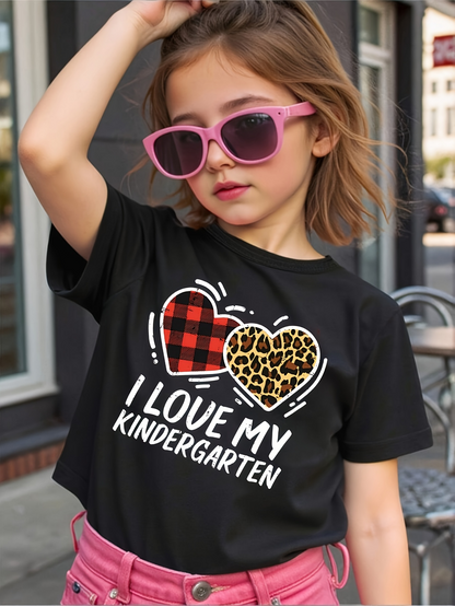 Men's Graphic T-Shirt I Love My Kindergarten With Plaid And Leopard Print Hearts Shirt