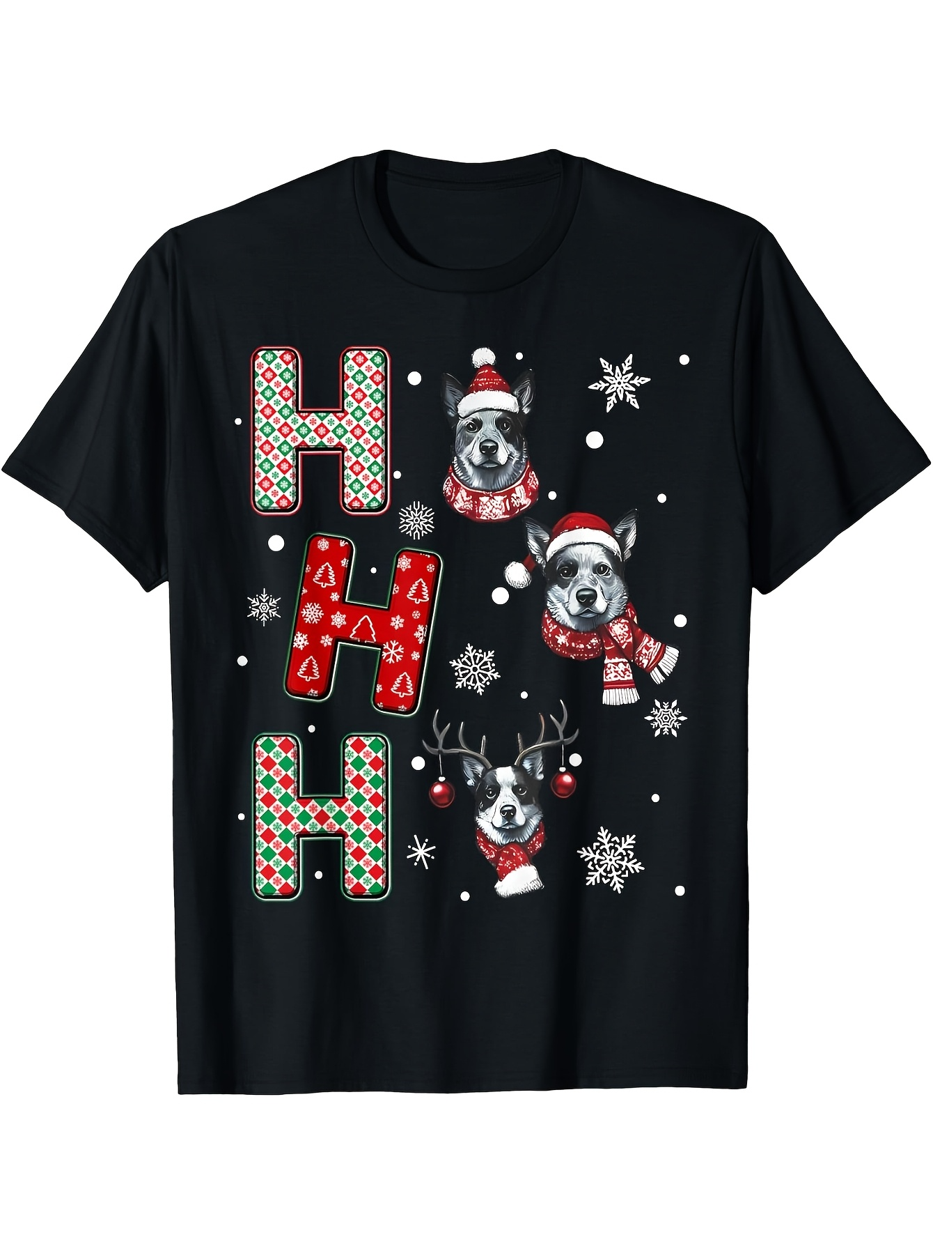 Men's Graphic T-Shirt Playful Dogs Dressed In Festive Christmas Accessories With Snowflakes Among Letters