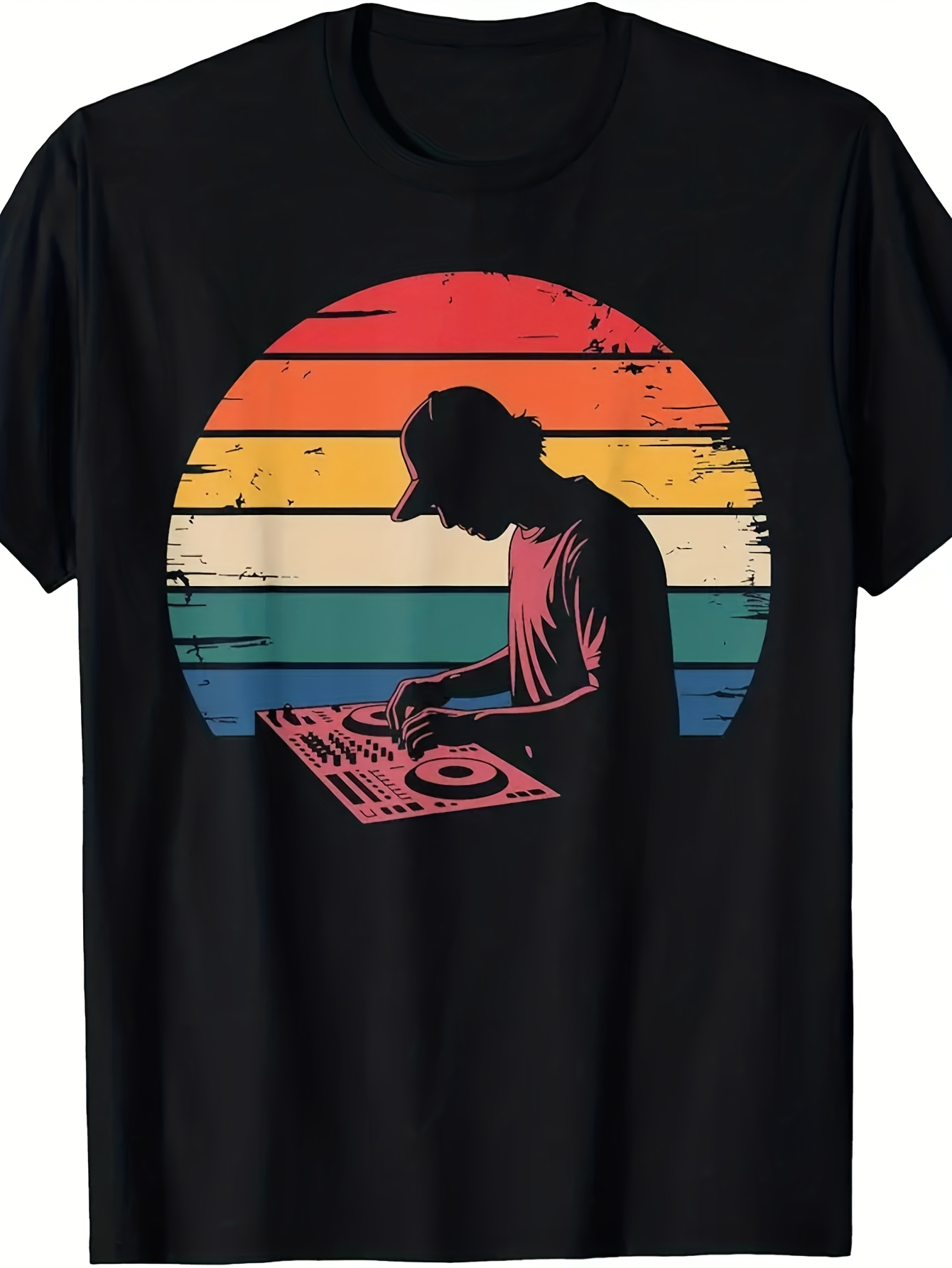 Men's Graphic T-Shirt Vintage Sunset With Silhouette Mixing Music On DJ Turntable