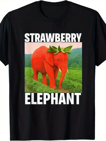 Men's Graphic T-Shirt Strawberry Elephant Standing On Green Field With Leaves On Head Elephant
