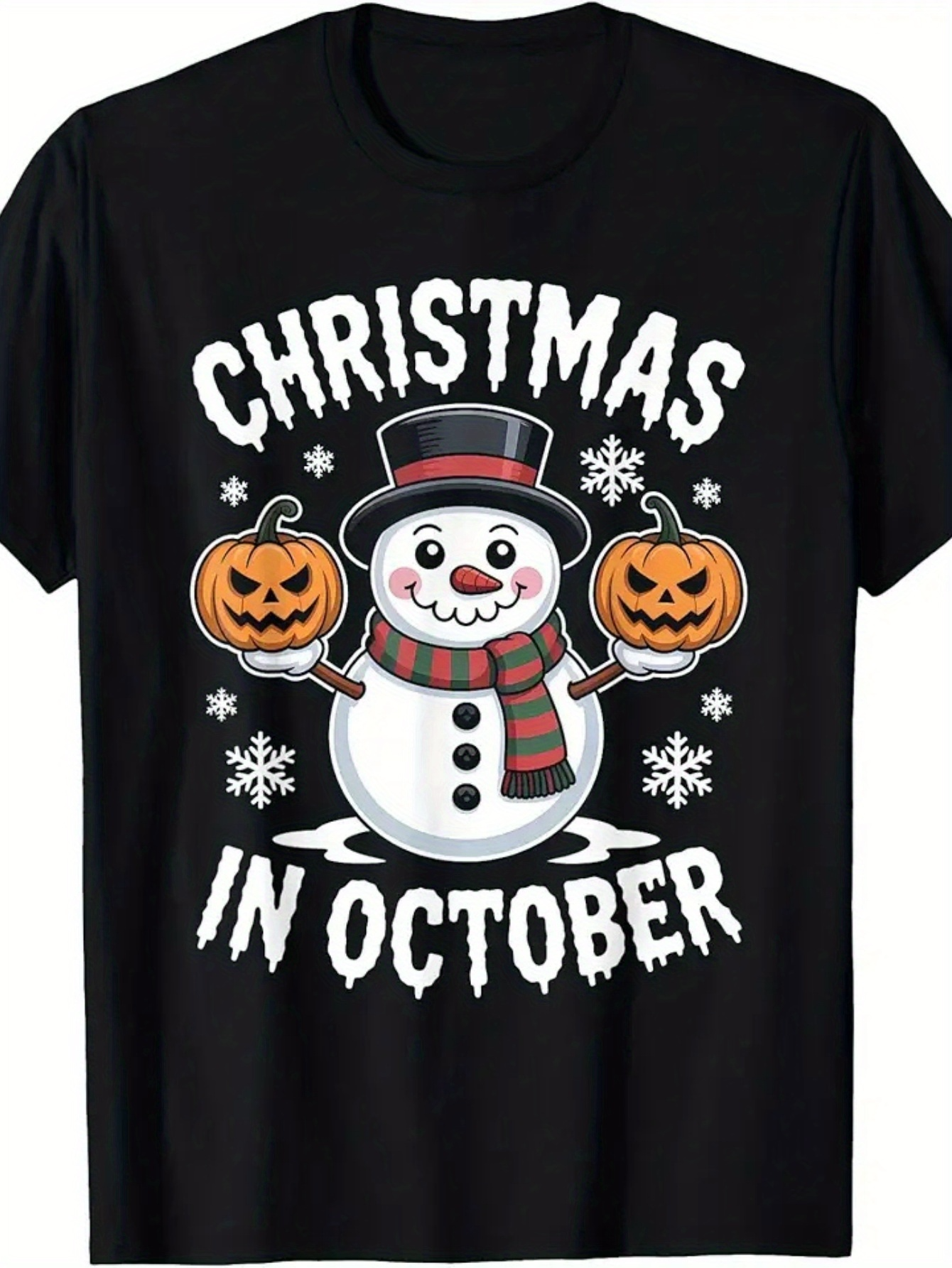Men's Graphic T-Shirt Christmas In October Snowman Surrounded By Pumpkins And Falling Snowflakes