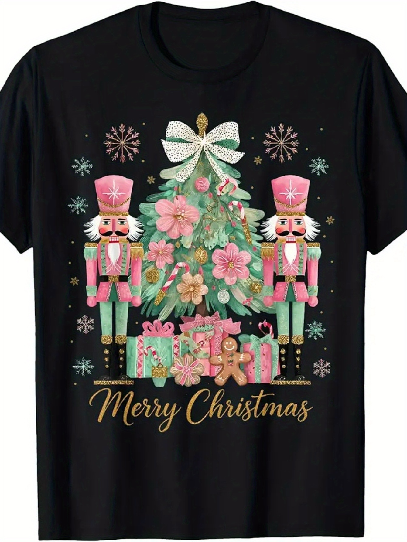 Men's Graphic T-Shirt Merry Christmas Pink Nutcrackers And Gifts Under Festive Christmas Tree