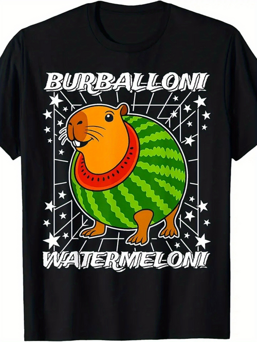 Men's Graphic T-Shirt Burbballoni Watermelon Cartoon Rodent With Green Rounded Body