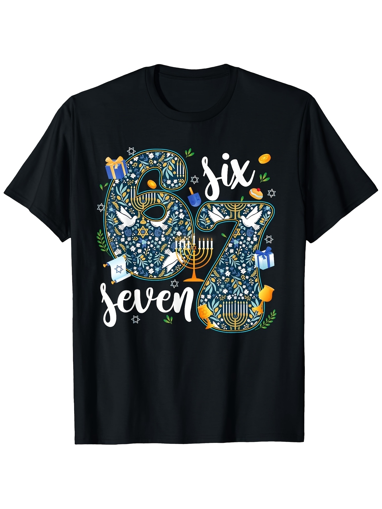 Men's Graphic T-Shirt Six Seven Blue Hanukkah Motifs With Holiday Symbols Over Numbers