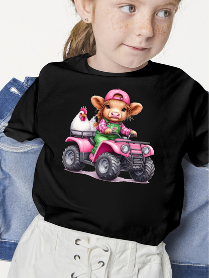 Men's Graphic T-Shirt Cute Farm Cow Wearing Pink Cap Riding Offroad Vehicle