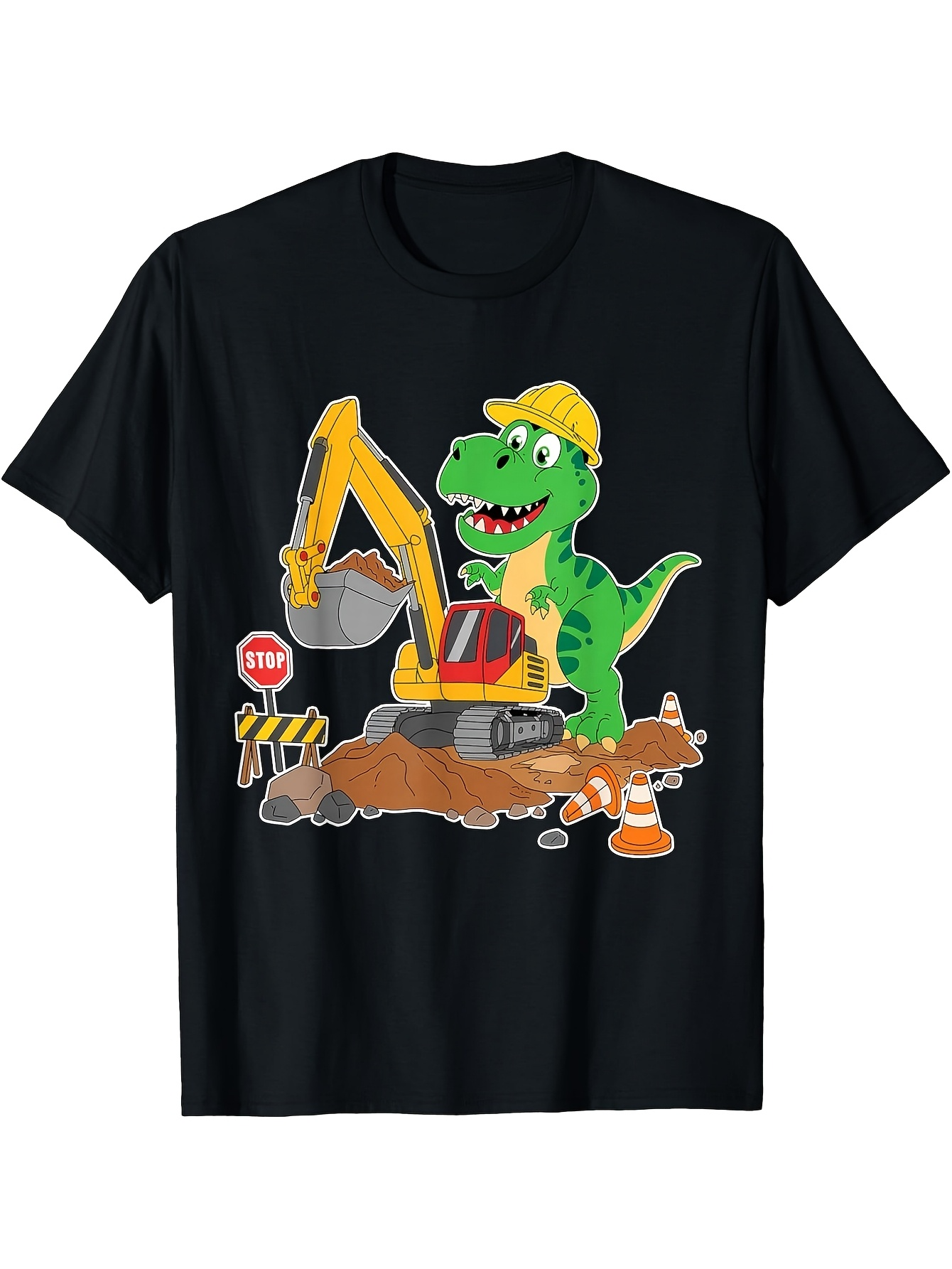 Men's Graphic T-Shirt Playful Dinosaur With Construction Equipment And Road Signs Excavator