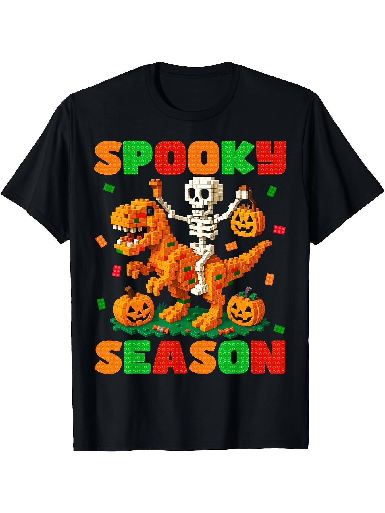 Men's Graphic T-Shirt Spooky Season Dancing Skeleton With Pumpkins Among Orange Dinosaur