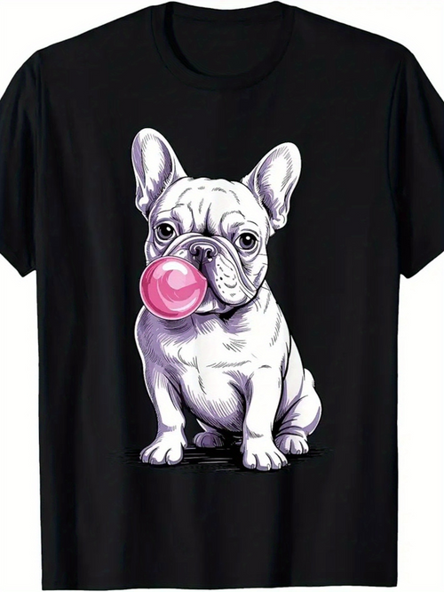 Men's Graphic T-Shirt Cute French Bulldog Sitting With Pink Bubblegum Puppy