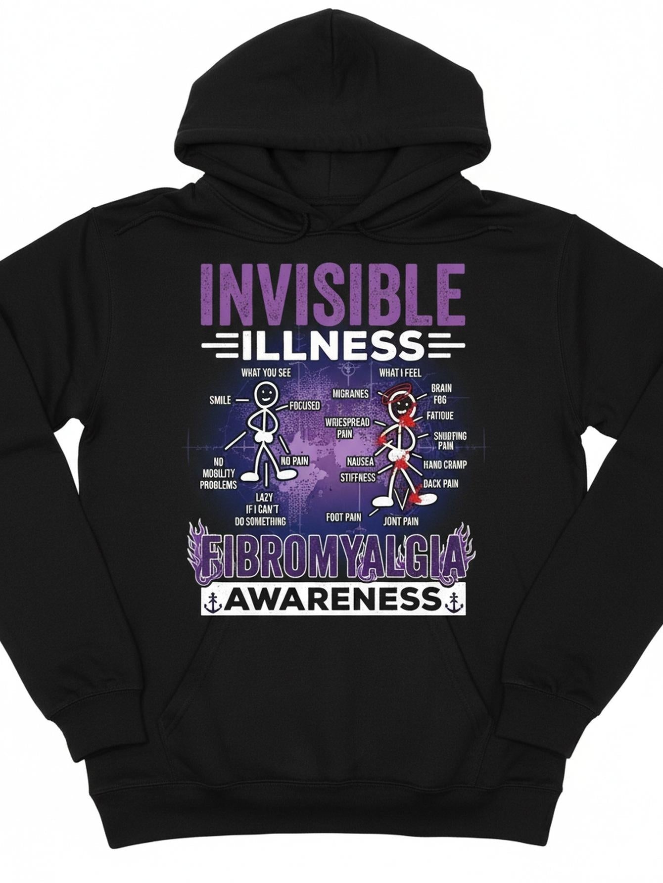 Men's Graphic Hoodie Invisible Illness Fibromyalgia Awareness With Purple Medical Infographic Symbols