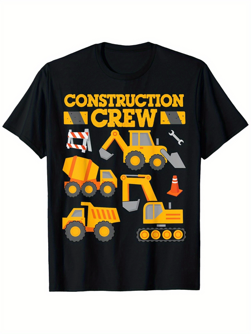 Men's Graphic T-Shirt Construction Crew With Yellow Digging Machines And Roadside Work Signs