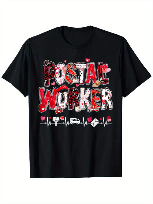 Men's Graphic T-Shirt Postal Worker Letters Hearts Vans And Mailbox Motif Shirt