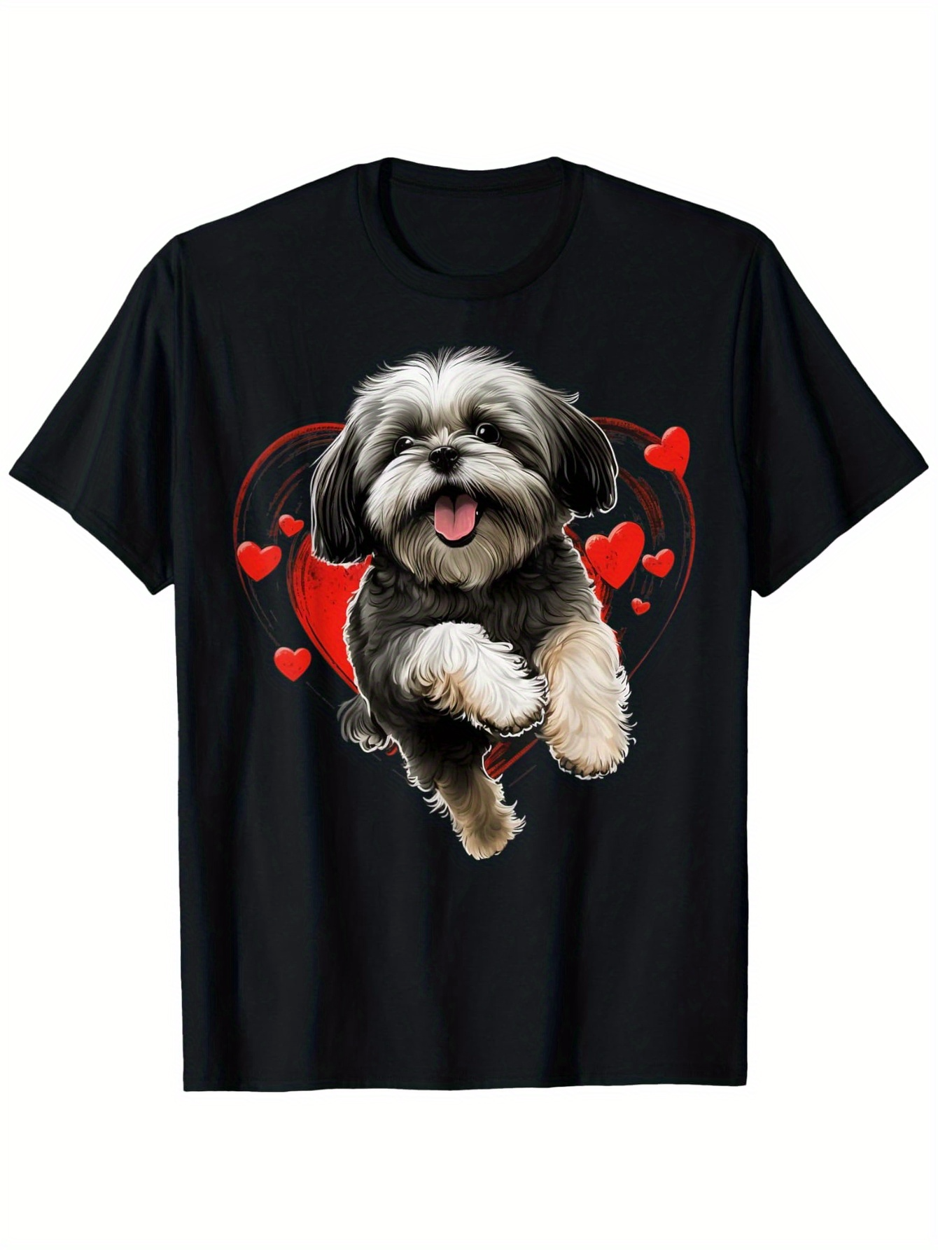 Men's Graphic T-Shirt Playful Shaggy Puppy Surrounded By Floating Red Hearts Dog