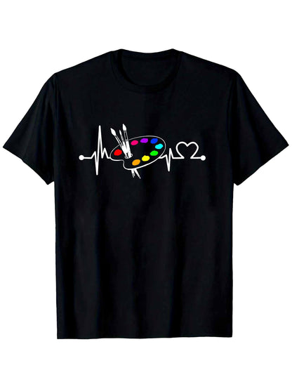 Men's Graphic T-Shirt Colorful Heartbeat With Artistic Palette And Painter Brushes