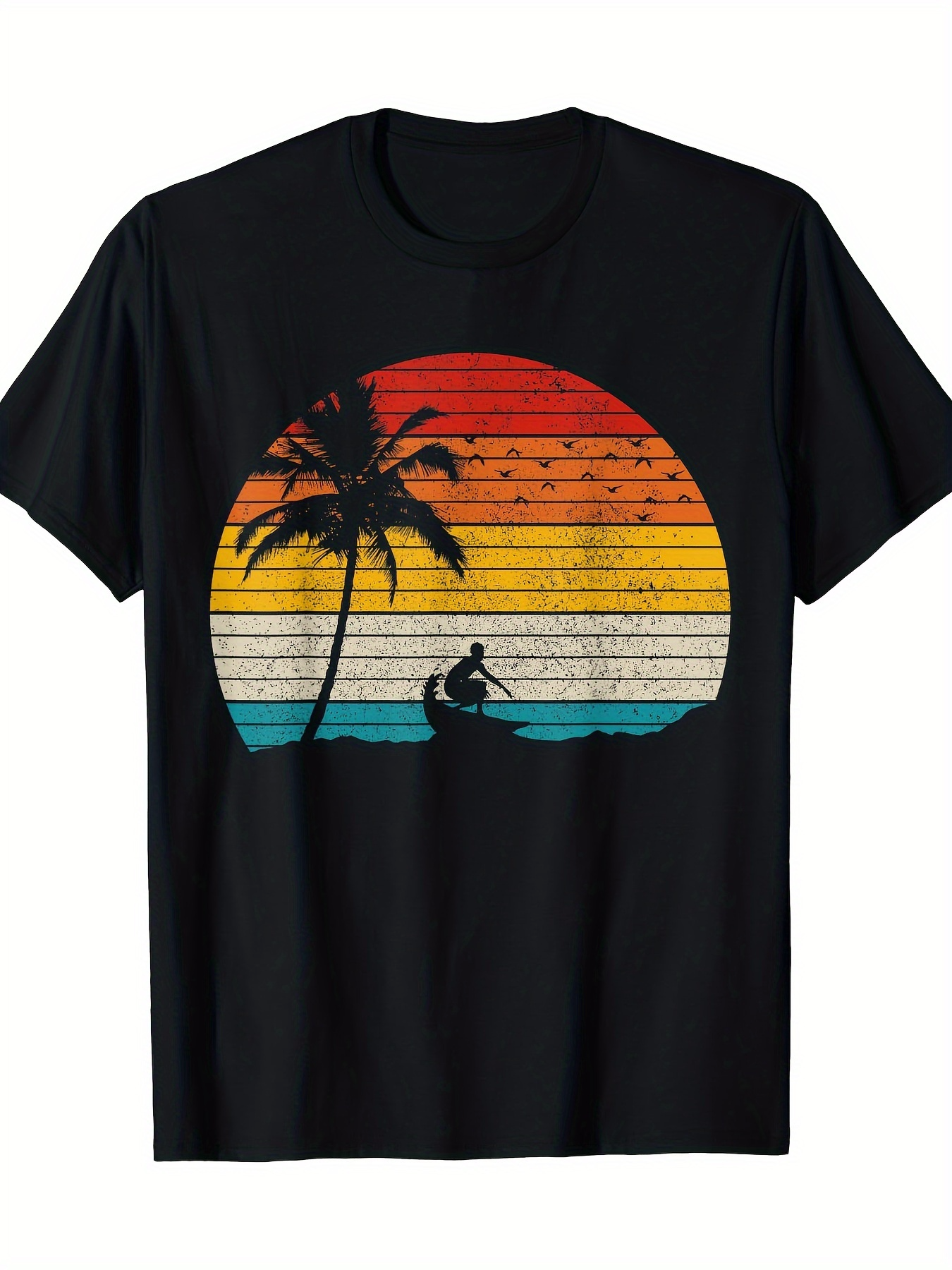 Men's Graphic T-Shirt Vintage Sunset With Surfboard And Palm Tree Silhouette Surfer