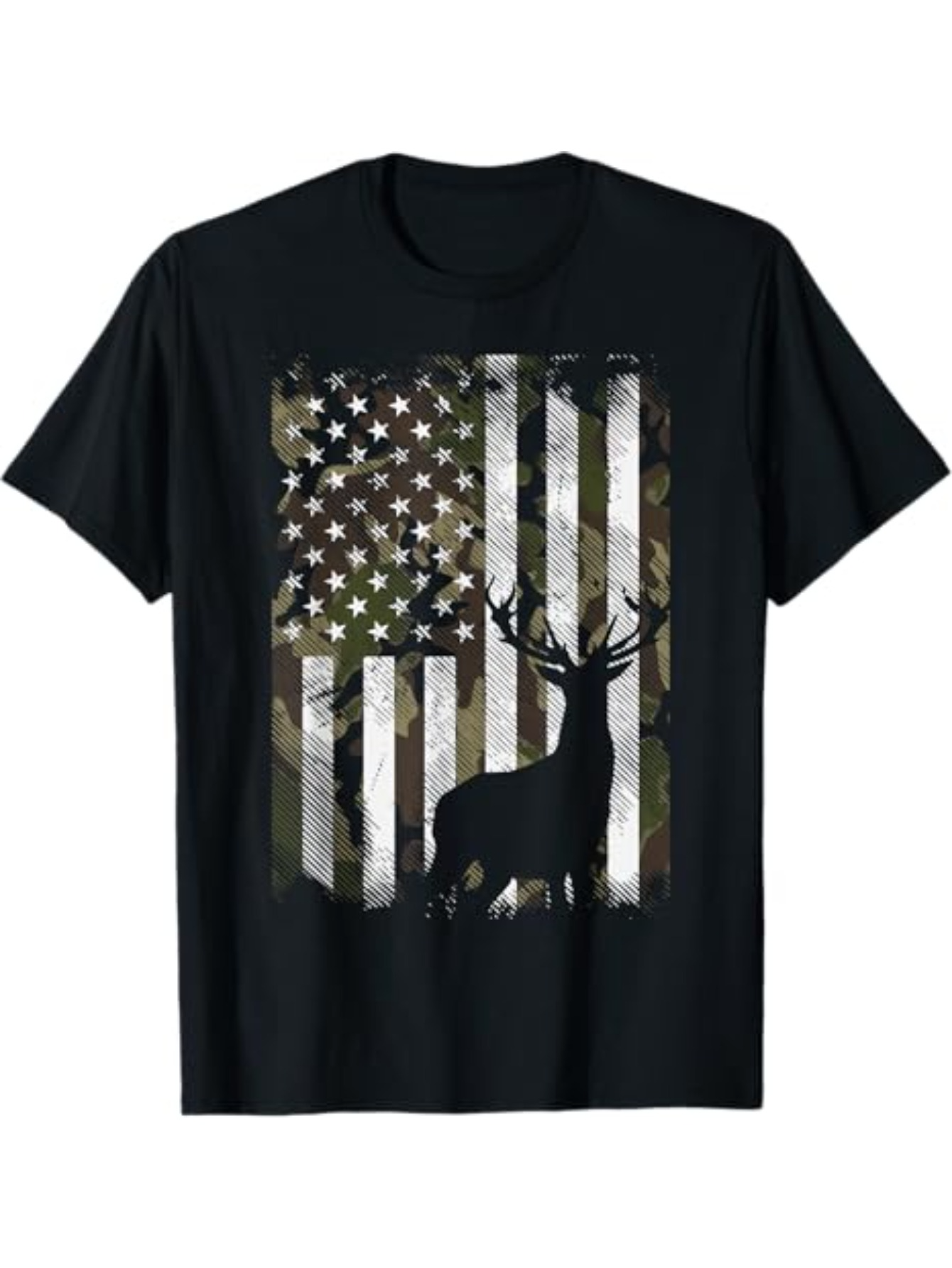 Men's Graphic T-Shirt Camo American Flag With Summer Forest Silhouette Majestic Standing Deer