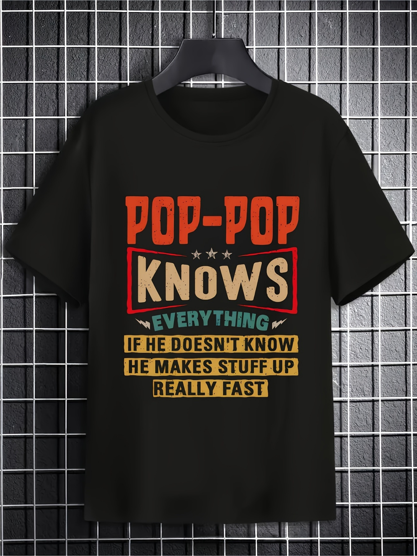 Men's Graphic T-Shirt Pop Pop Knows Everything Vintage Block Lettering On Black T Shirt
