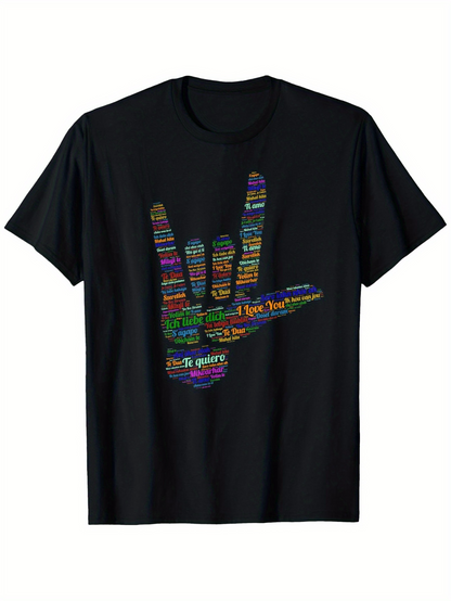 Men's Graphic T-Shirt Colorful Words With Striped Hand Sign Displayed On Black T Shirt