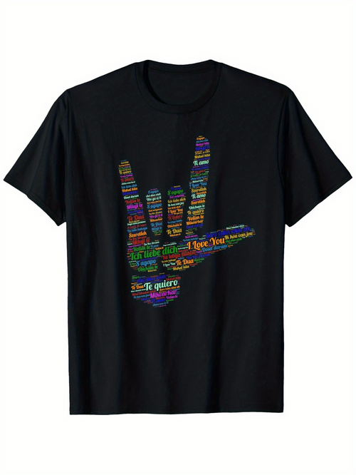 Men's Graphic T-Shirt Colorful Words With Striped Hand Sign Displayed On Black T Shirt