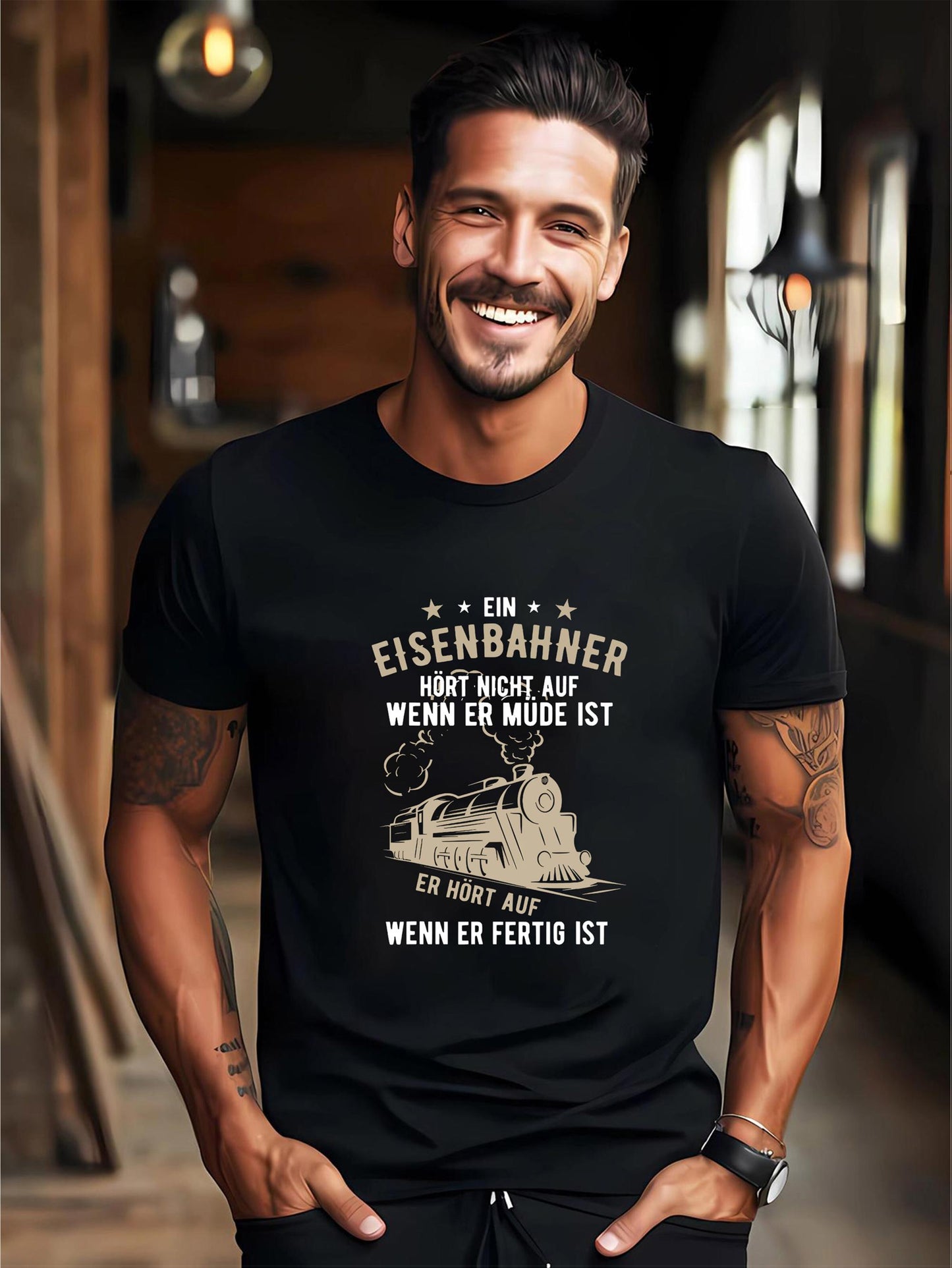 Men's Graphic T-Shirt Retro Steam Locomotive With Artistic Typography And Train Tracks Design
