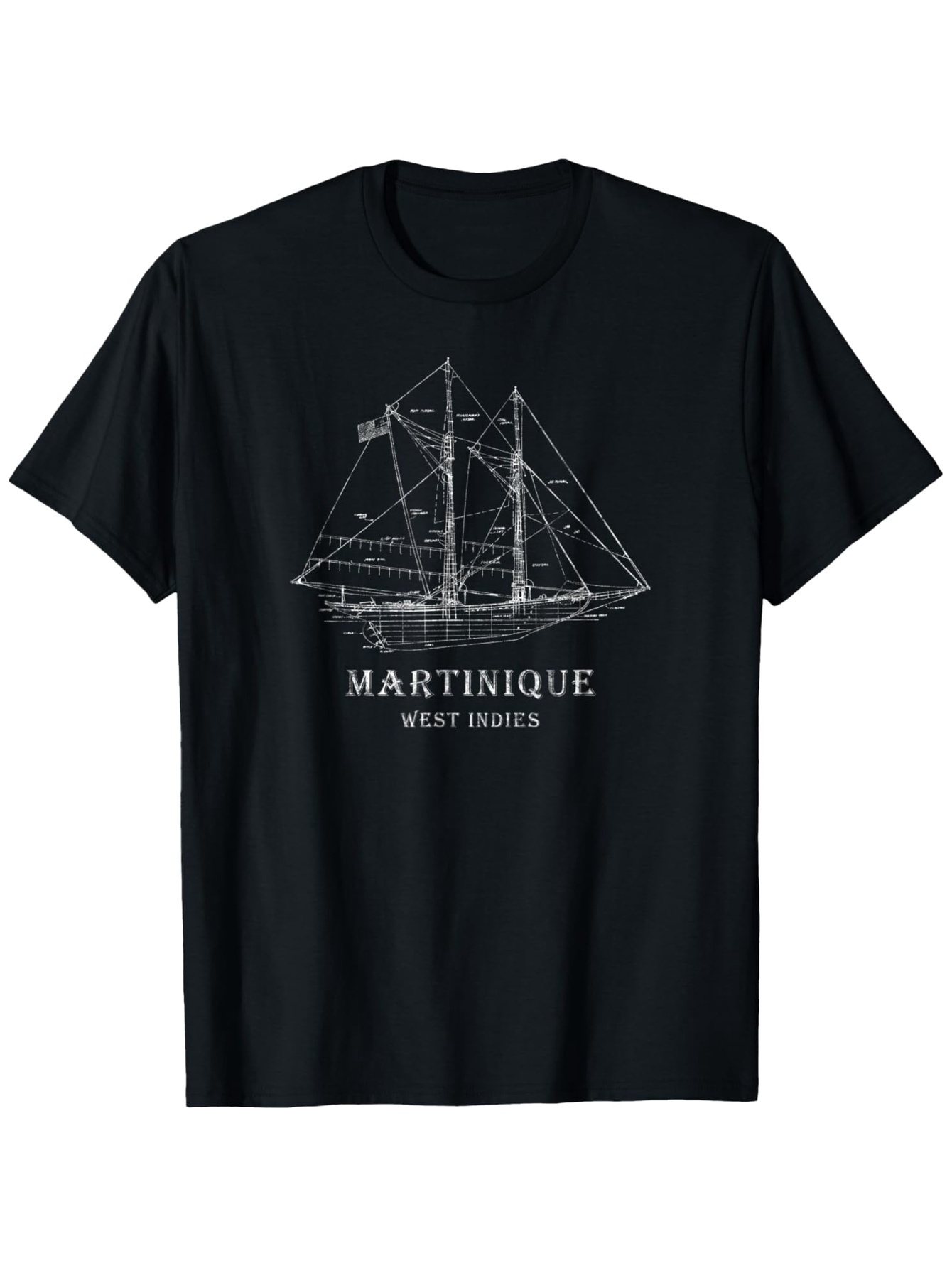 Men's Graphic T-Shirt Martinique West Indies Blueprint Sketch Sailboat With Nautical Draft Lines