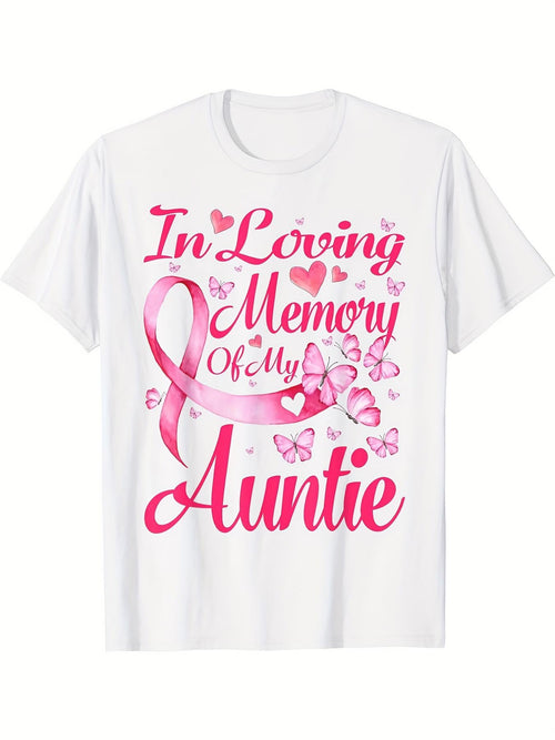 Women's Graphic T-Shirt In Loving Memory Of My Auntie Pink Ribbon With Butterflies And Hearts T Shirt