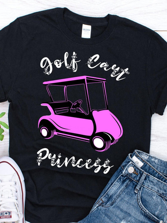 Women's Graphic T-Shirt Golf Cart Princess With Pink Outline And Playful Modern Golf Cart