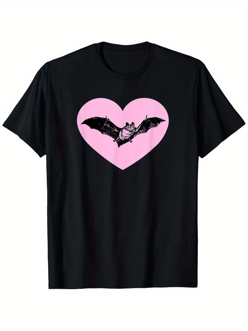 Men's Graphic T-Shirt Pink Heart With Flying Nocturnal Creature Bat