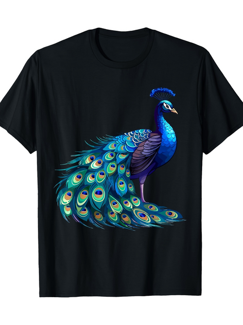 Men's Graphic T-Shirt Luminous Feathers Fanned Out With Graceful Blue Peacock
