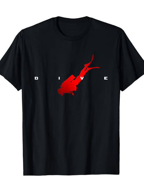 Men's Graphic T-Shirt Dive Bold Red Silhouette Underwater With Diver Swirling Currents Water