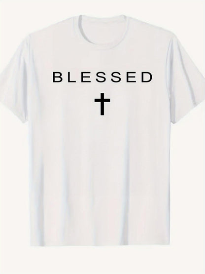 Men's Graphic T-Shirt Blessed Minimal Cross With Clean Line Letters And Simple White Shirt