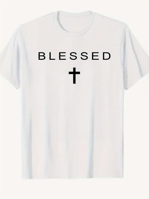 Men's Graphic T-Shirt Blessed Minimal Cross With Clean Line Letters And Simple White Shirt