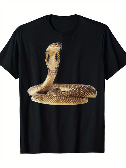 Men's Graphic T-Shirt Coiled Striking Golden Cobra On Deep Black Cotton T Shirt