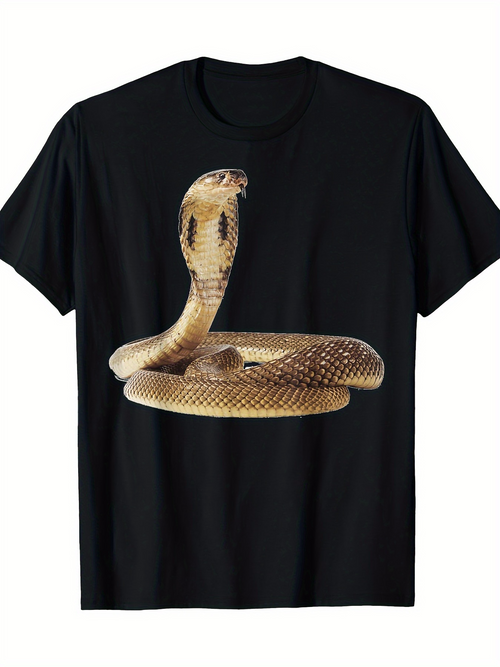 Men's Graphic T-Shirt Coiled Striking Golden Cobra On Deep Black Cotton T Shirt