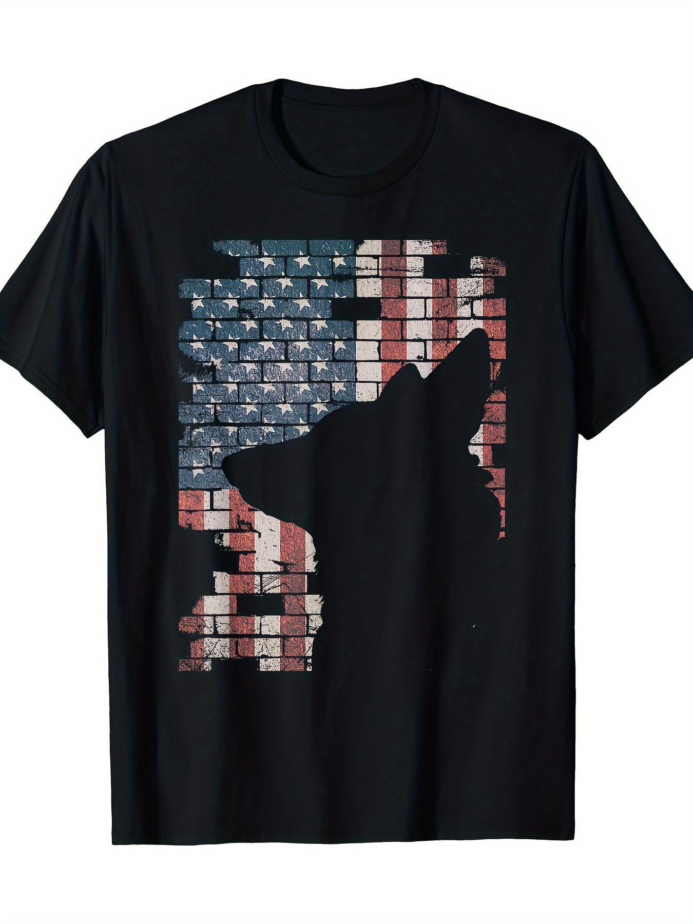 Men's Graphic T-Shirt Brick Wall Patterned American Flag With Dog Silhouette Facing Forward