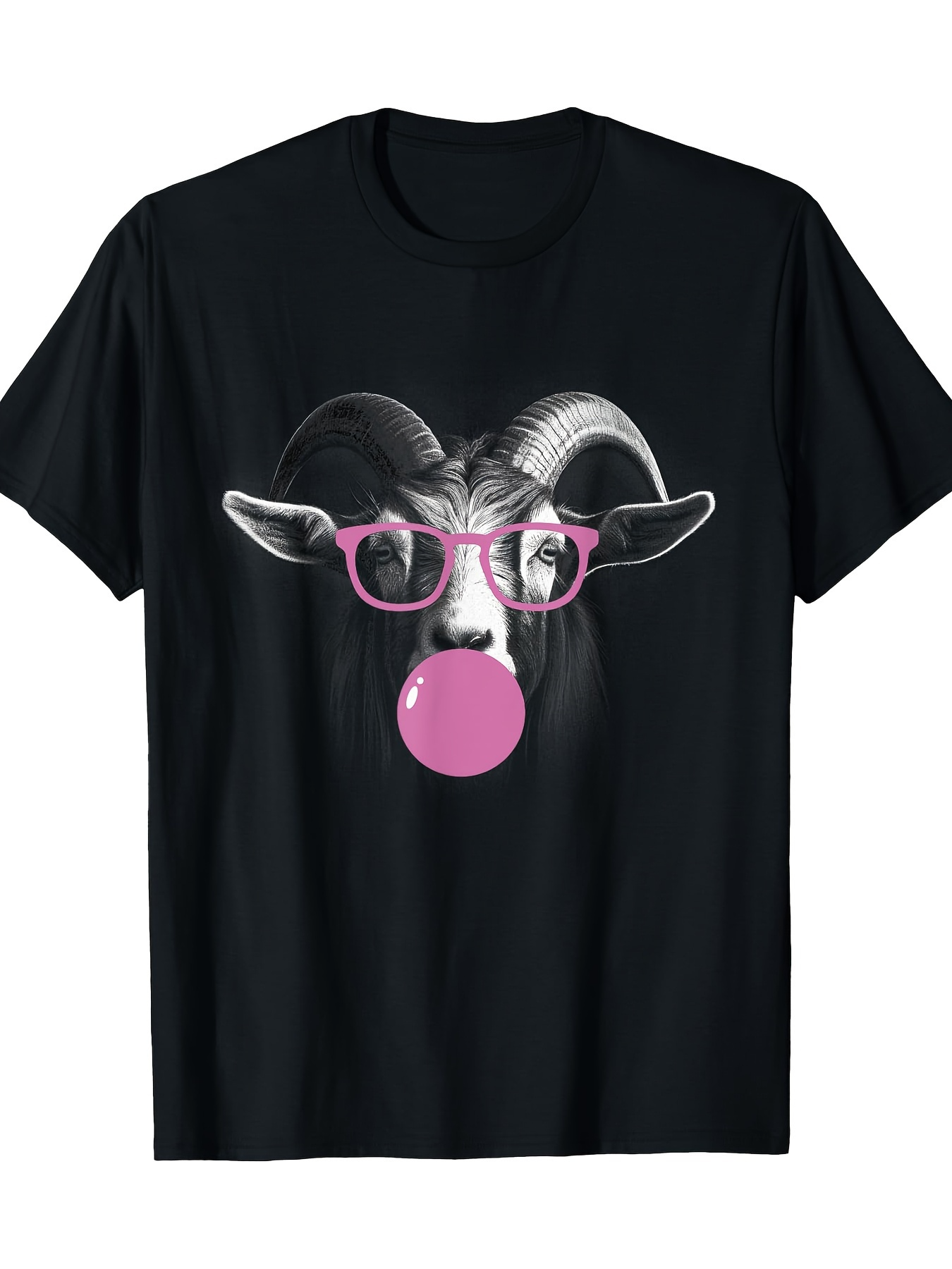 Men's Graphic T-Shirt Playful Pink Bubblegum Chewing Goat With Glasses Illustration