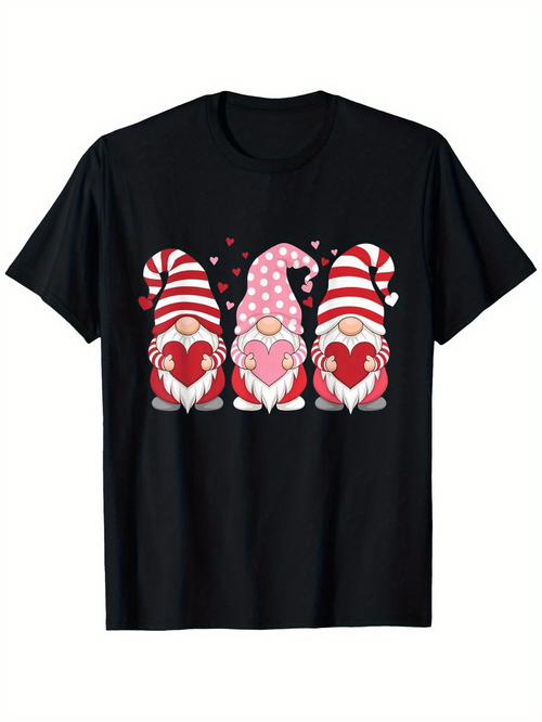 Men's Graphic T-Shirt Valentines Day Gnomes With Hearts Dots Stripes And Long Hats Gnome