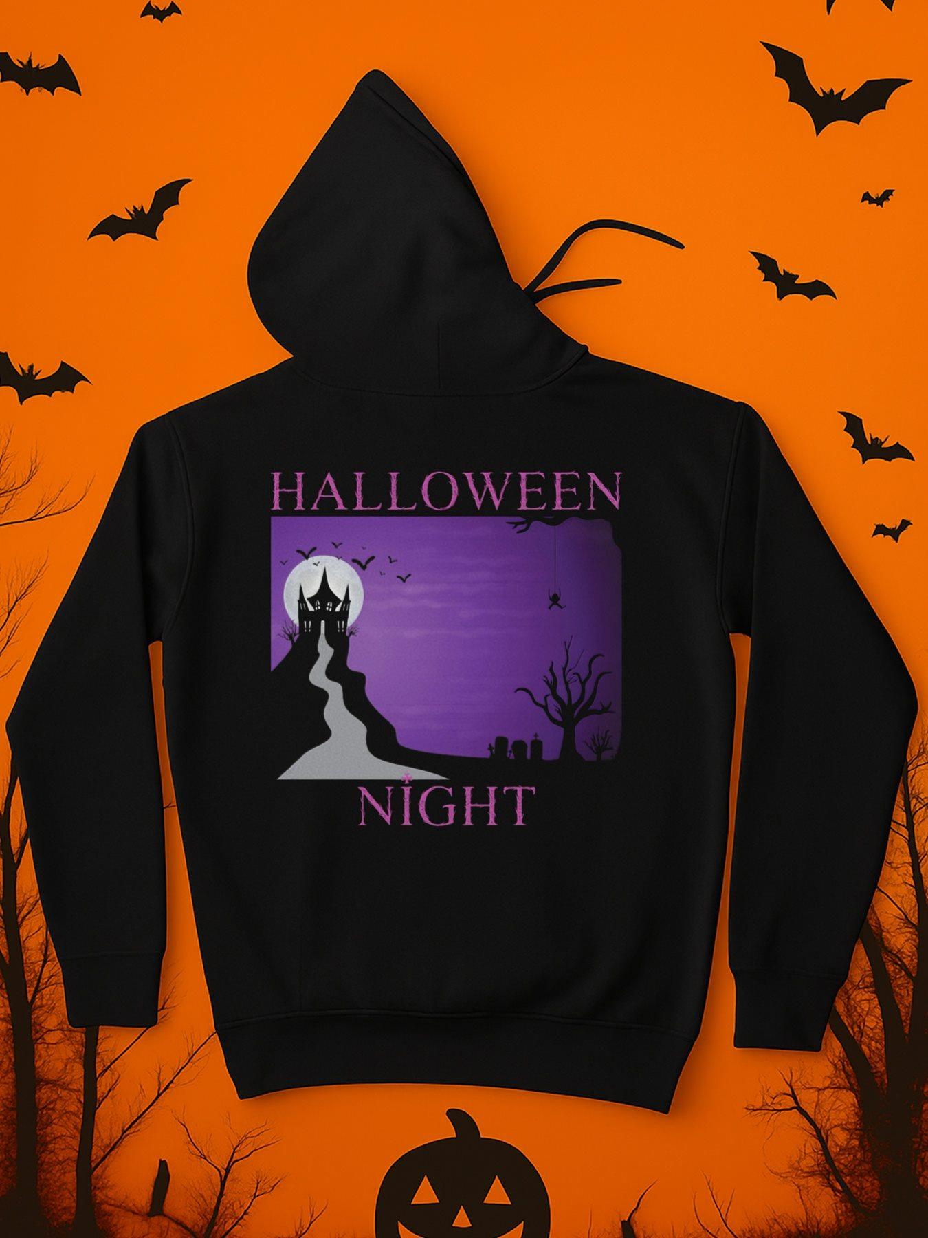 Men's Graphic Hoodie Halloween Night Haunted Castle With Full Moon And Bare Trees Night