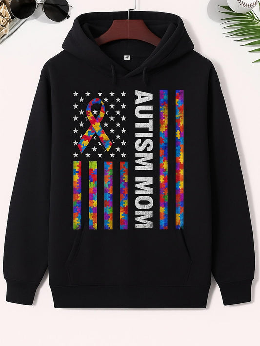 Men's Graphic Hoodie Autism Mom Vibrant Puzzle Piece Patterned American Flag Hoodie