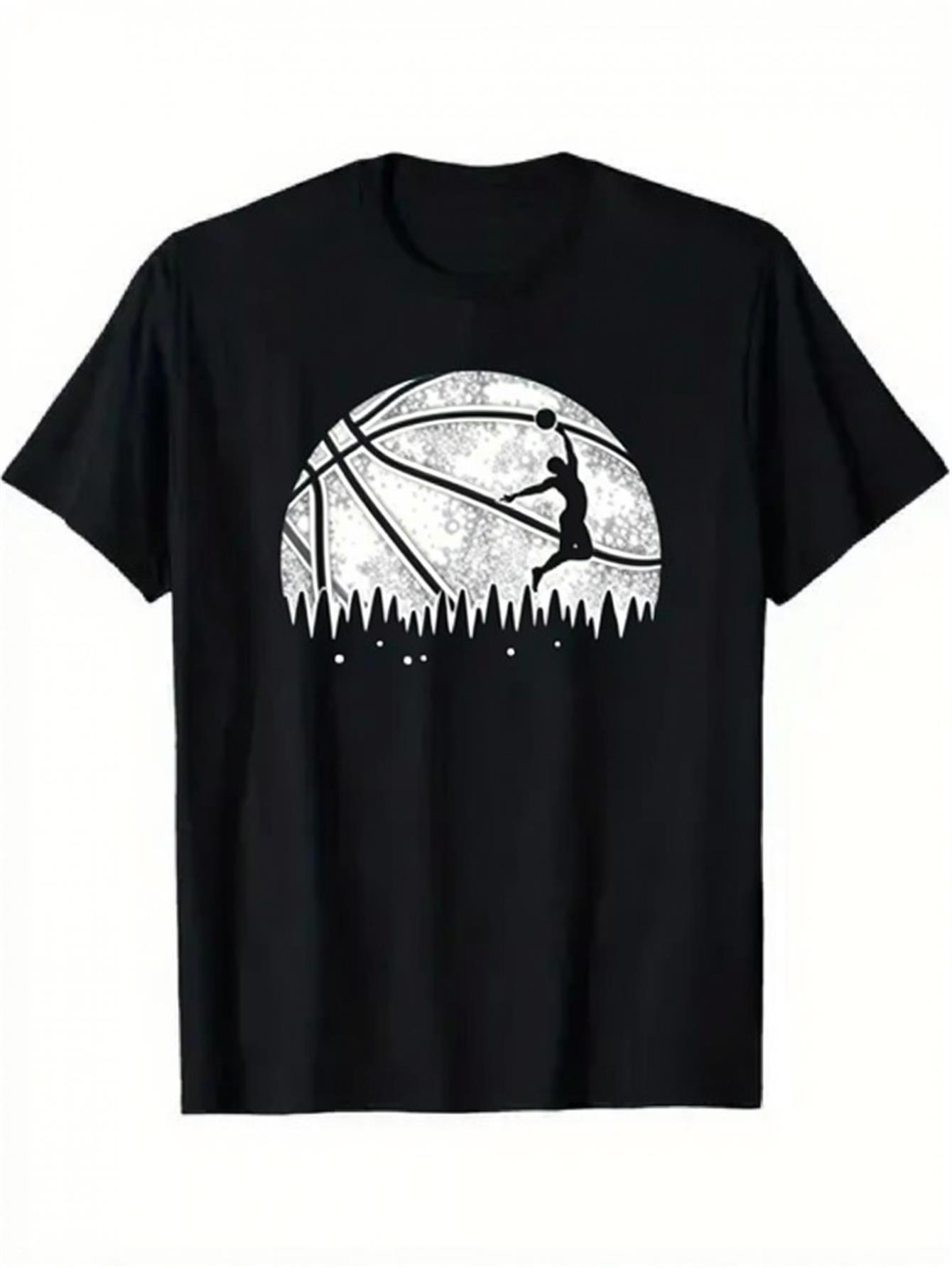 Men's Graphic T-Shirt Silhouette Horizon Among Grass With Sunset Basketball Player Scene