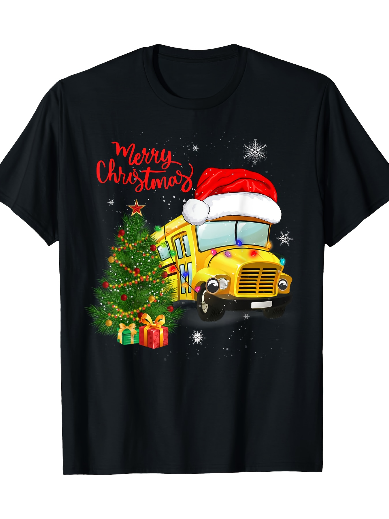 Men's Graphic T-Shirt Merry Christmas Holiday Tree With Festive Lights School Bus