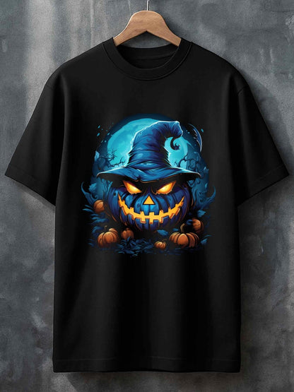 Men's Graphic T-Shirt Glowing Blue Hat With Fiery Eyes Surrounded By Pumpkins Pumpkin