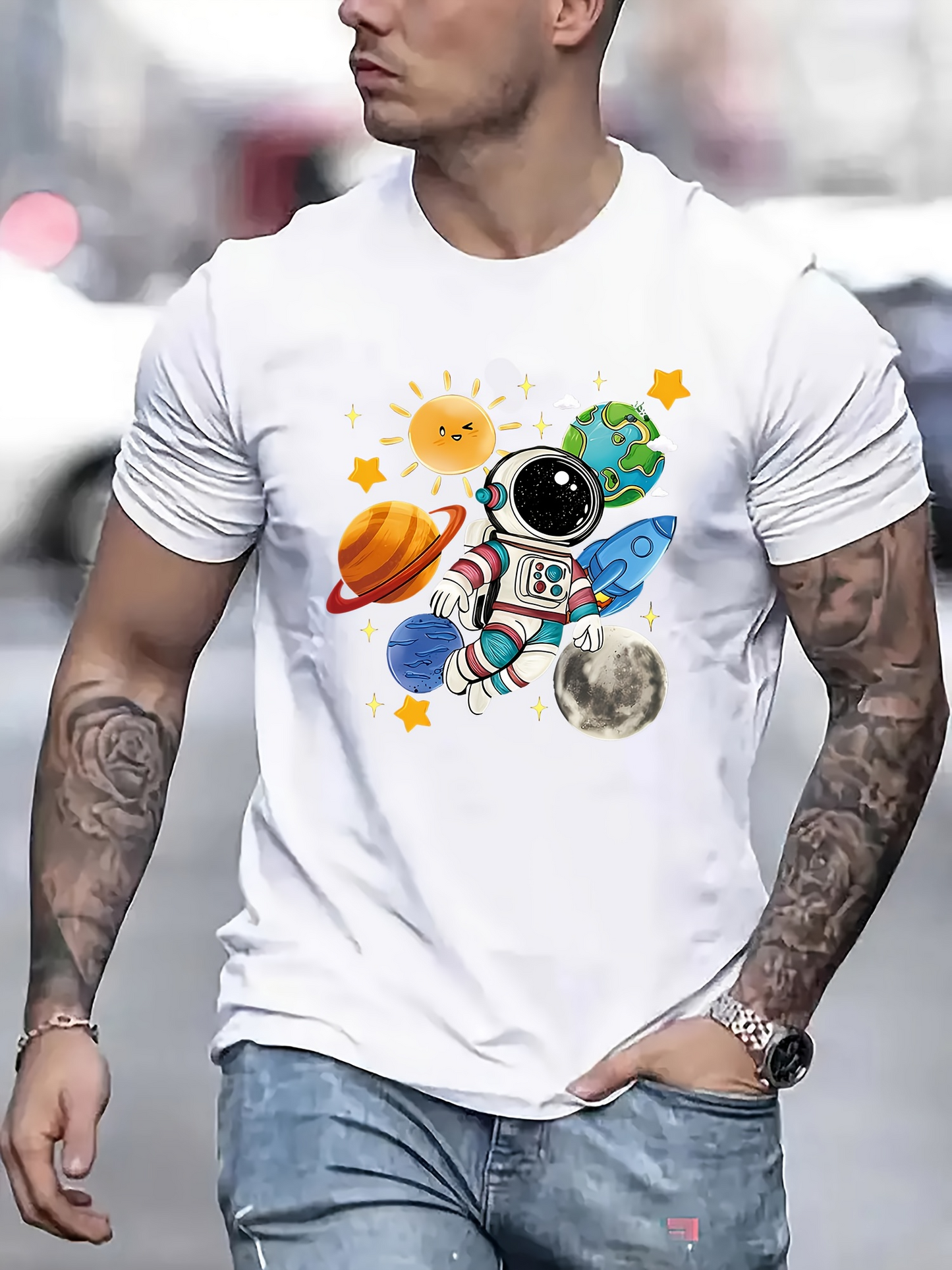 Men's Graphic T-Shirt Colorful Galaxies With Whimsical Planets Floating Around Cartoon Astronaut
